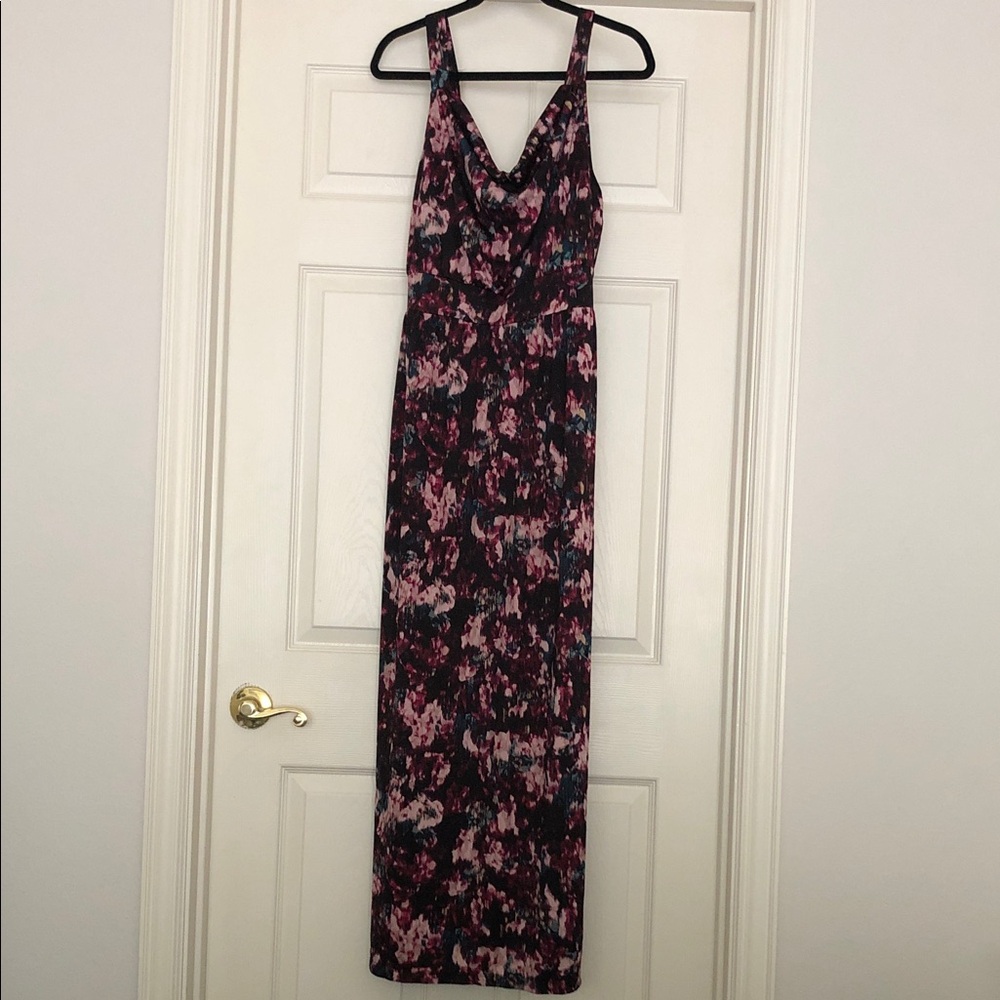 Floral Print Pink & Black Maxi Dress Relaxed Fit Draped Kneck Line Flowing Skirt